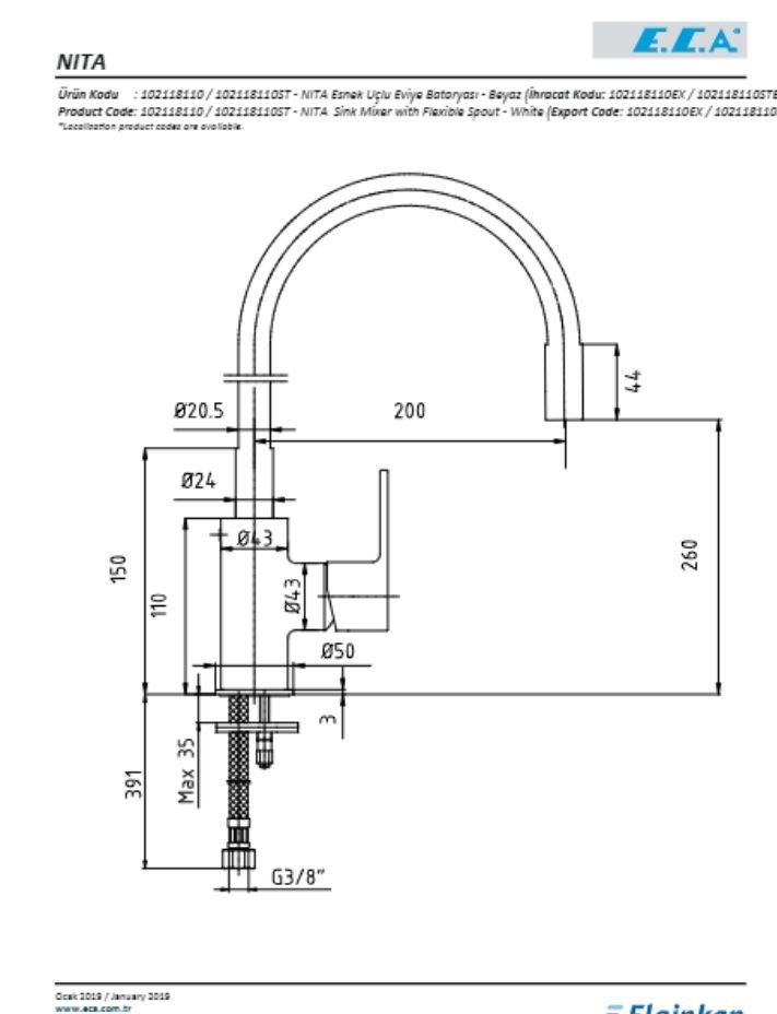 ECA Nita Esnek Çıkış Uçlu Mutfak Bataryası - Beyaz 102118110