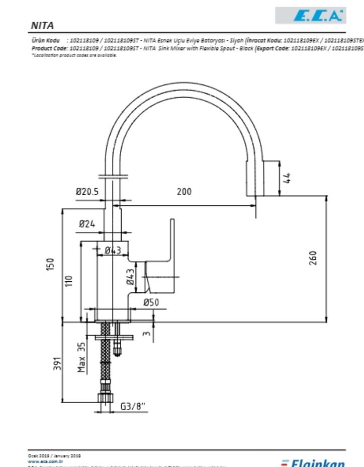 ECA Nita Esnek Çıkış Uçlu Eviye Bataryası – Siyah 102118109