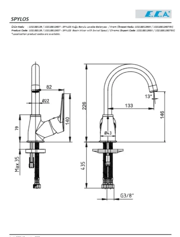 ECA Spylos Kuğu Lavabo Bataryası Teknik Çizimi, 20 yıl garantili