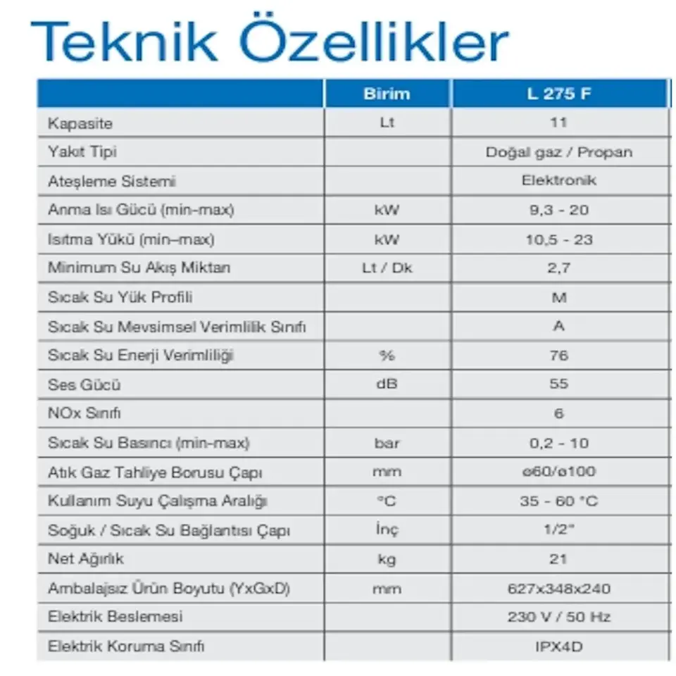 DemirDöküm Hermetik Şofben - 11 litrelik teknik özellikler