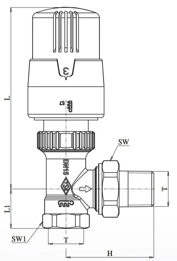ECA TRV4 Termostatik Köşe Radyatör Vanası 602120755 Teknik Çizim